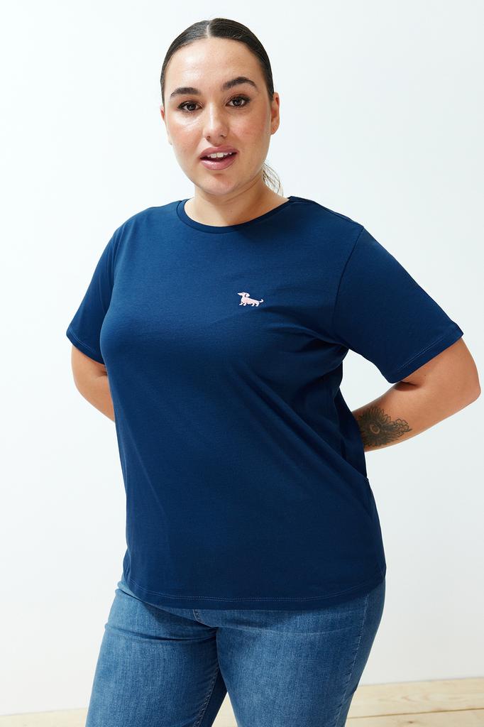 Women's Fashion Plus Size T-Shirt Crew Neck Short Orange Slit and Ruffle Detailed Boyfriend Knitted T-shirt