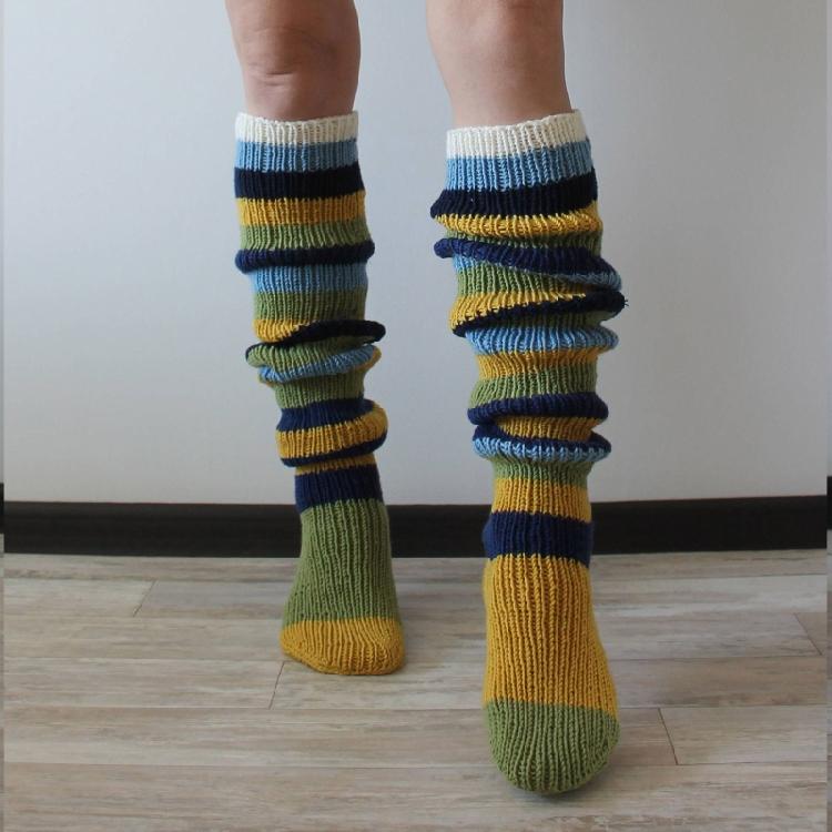 Autumn Slouch Crochet Knitting Colorful Striped Thigh High Long Socks for Women