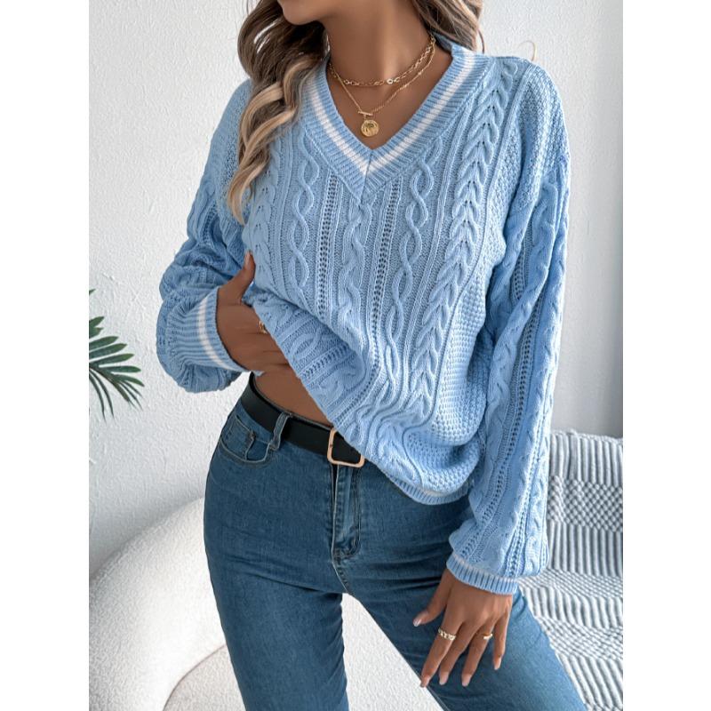 Autumn and Winter V-neck Twist Lantern Long Sleeved Pullover Sweater Women Loose Stripe Tops Ladies Fashion Elegant Casual Office Women's Clothing