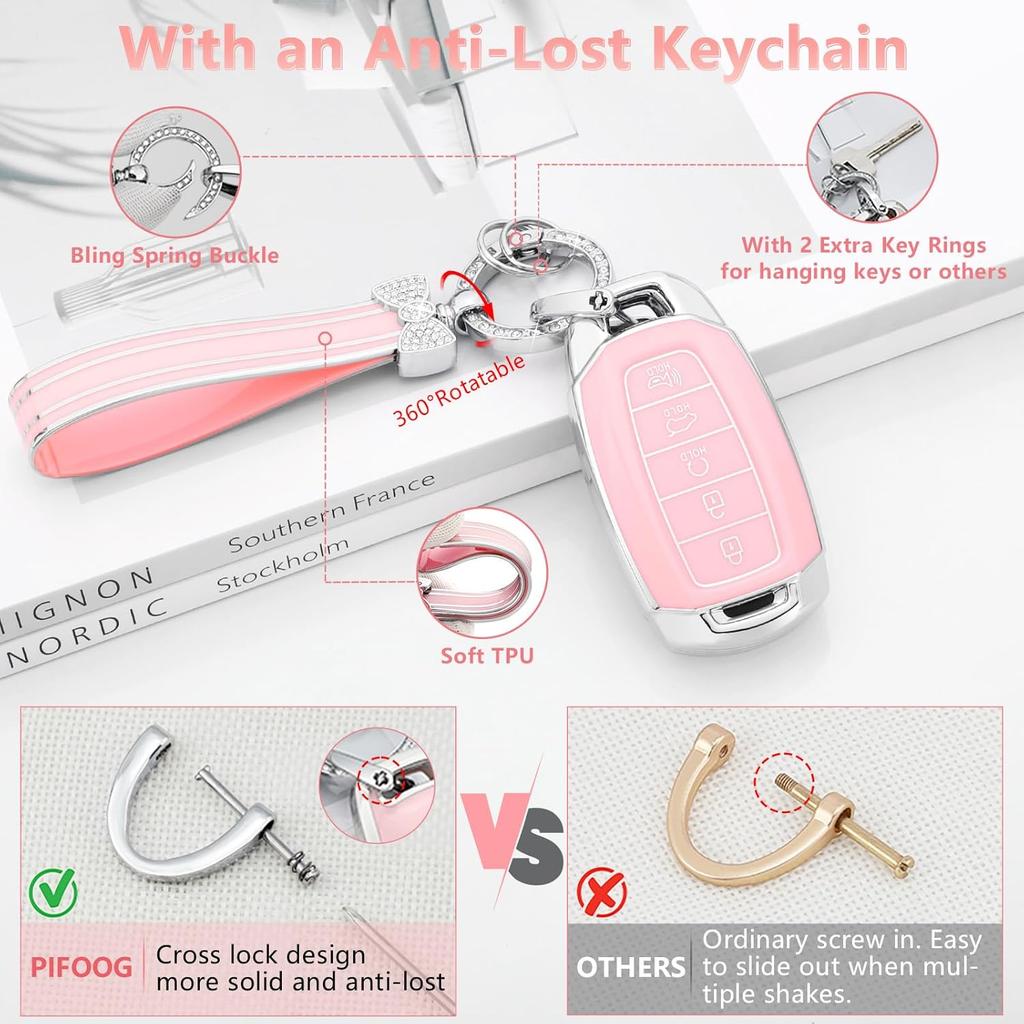 PIFOOG For Hyundai Elantra Key Fob Cover Palisade 5 Buttons Car Keys Case Shell Protector Full Covers Pink Bling Keychain Accessories Girly Women