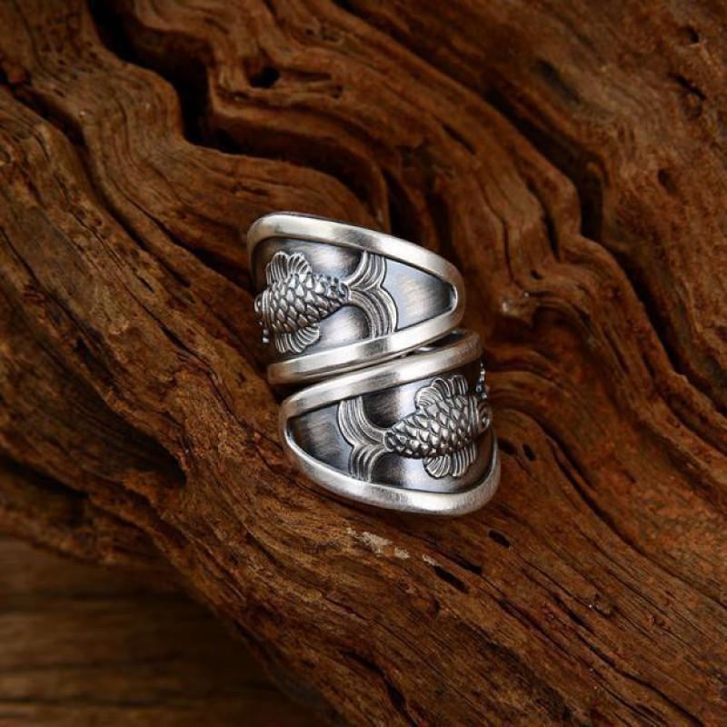 Adjustable Wide Band Ring Men Women Sterling Geometric Fish Motif Vintage Style Unisex Finger