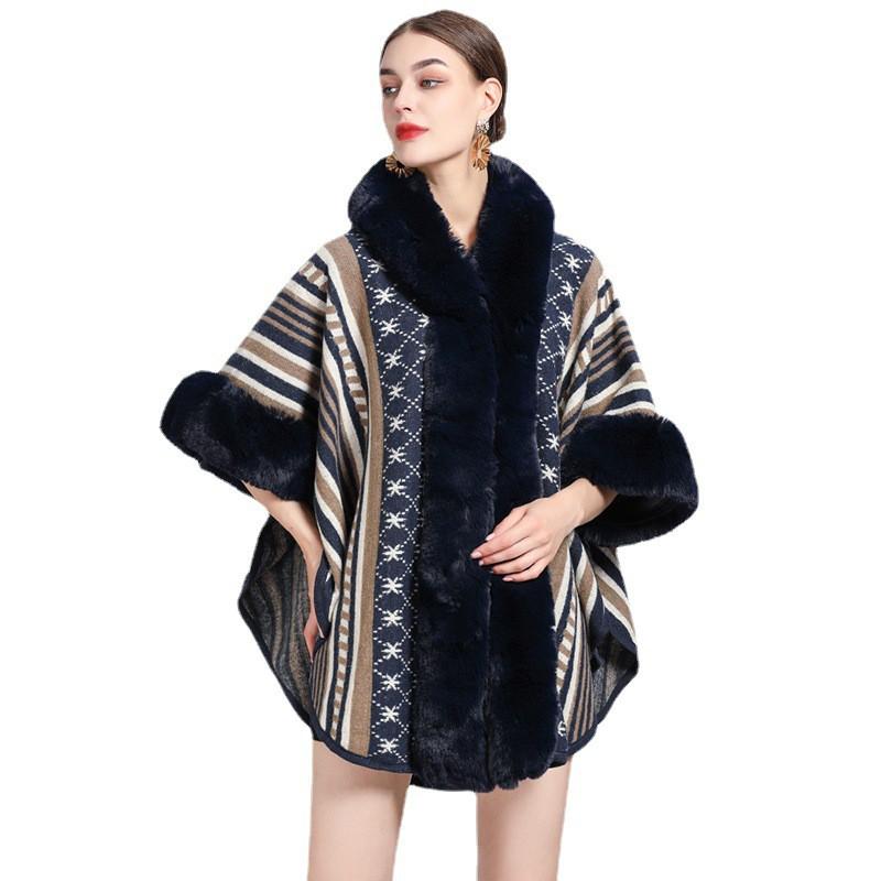 Womens Oversized Wool Blend Coat With Faux Rabbit Fur Collar Jacquard Knit Cape Cardigan Winter Plus Size