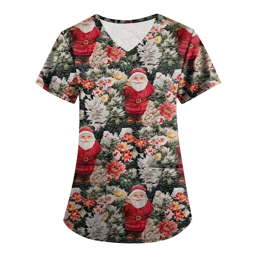 Plus SizePrinted Scrub Working Uniform Tops For Women's Cross V-Neck Print Short Sleeve Fun T-Shirts Workwear Tee With Pockets