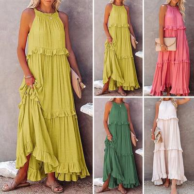Women Summer Dress Ruffle Halter Neck Sleeveless Loose Solid Color Pleated Off Shoulder Patchwork Vacation Maxi Dress