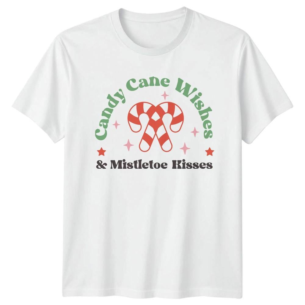 Candy Cane Wishes Mistletoe Kisses Christmas Holiday Unisex Unisexs Graphic Tee S