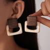 Vintage acrylic wood geometric hollow square silver needle earrings vacation style niche earrings
