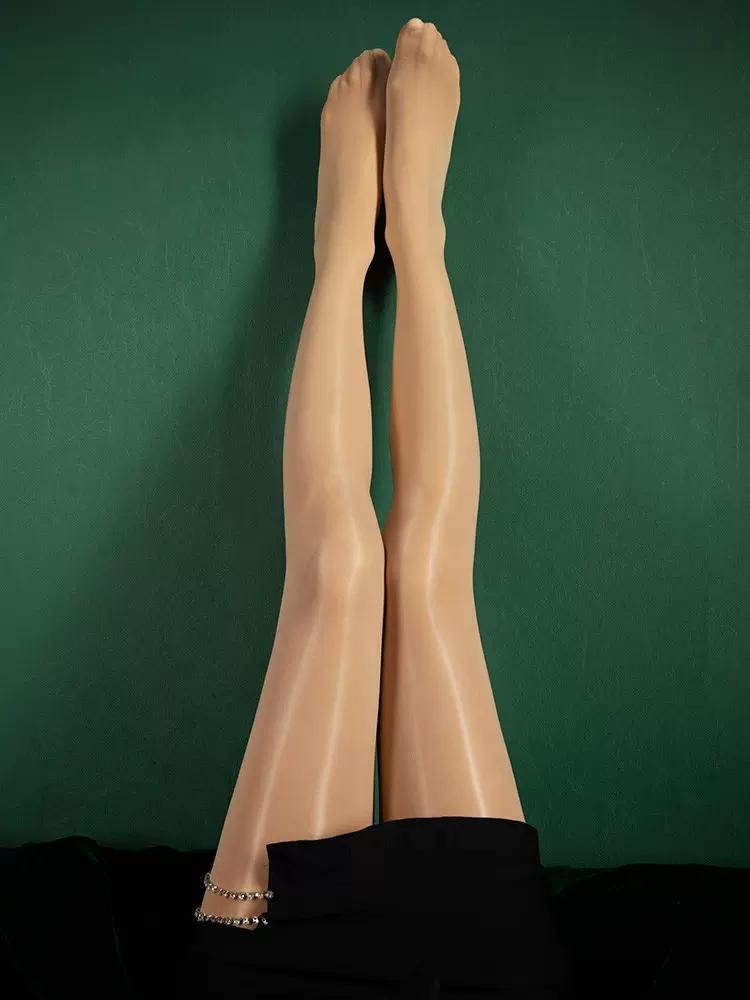Plus Size Basic Pantyhose, Women'S Plus Solid High Rise Smoothing Oil Shiny Skinny Stockings