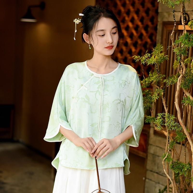 Johnature Camisas Tops Jacquard Estilo Chinês Feminino Decote O Sete Mangas Blusas Verão Botão Camisas Vintage