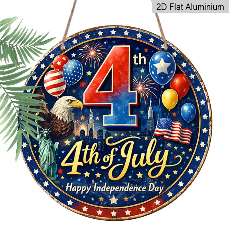 

2D Flat, 1pc Round 4th of July Aluminum Hanging Sign, Patriotic Bald Eagle Statue of Liberty Balloon Firework Design, Retro Distressed Patriotic Wall 7.87*7.87inchs