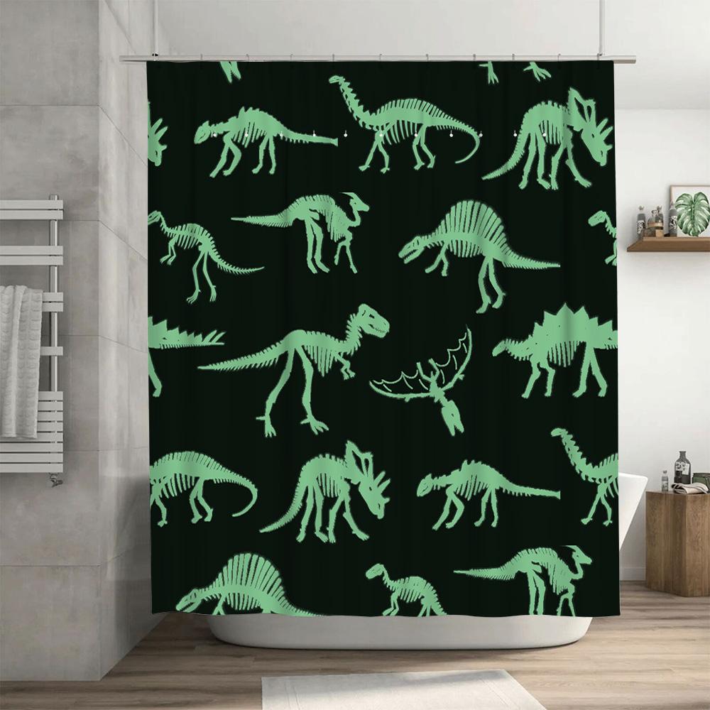 Grüner Dinosaurierskelett-Druck Badezimmer-Duschvorhang für Kinder Heimdekoration Schwarzer Hintergrund mit niedlichem Dinosaurier-Muster Größe: 72x