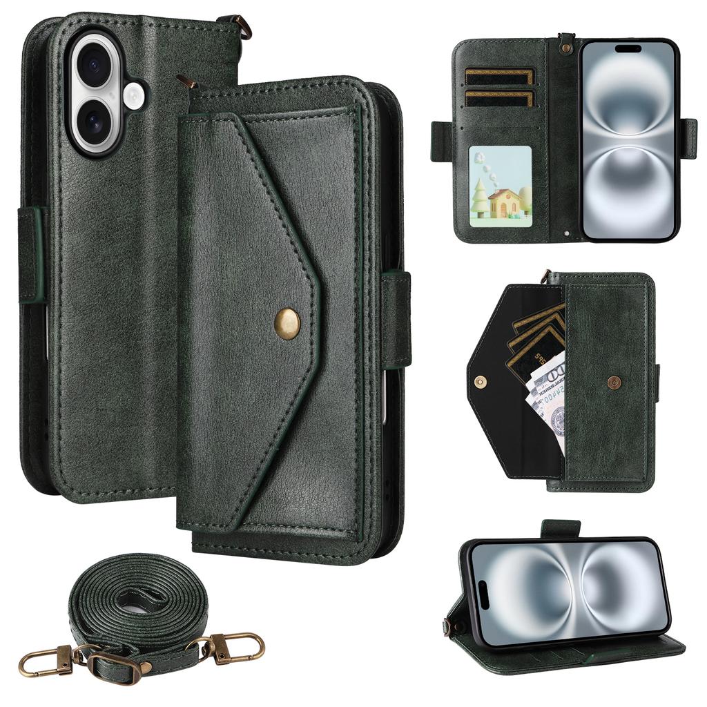 For iPhone 16 Leather Case Magnetic Closure Wallet Stand Phone Cover with Crossbody Strap