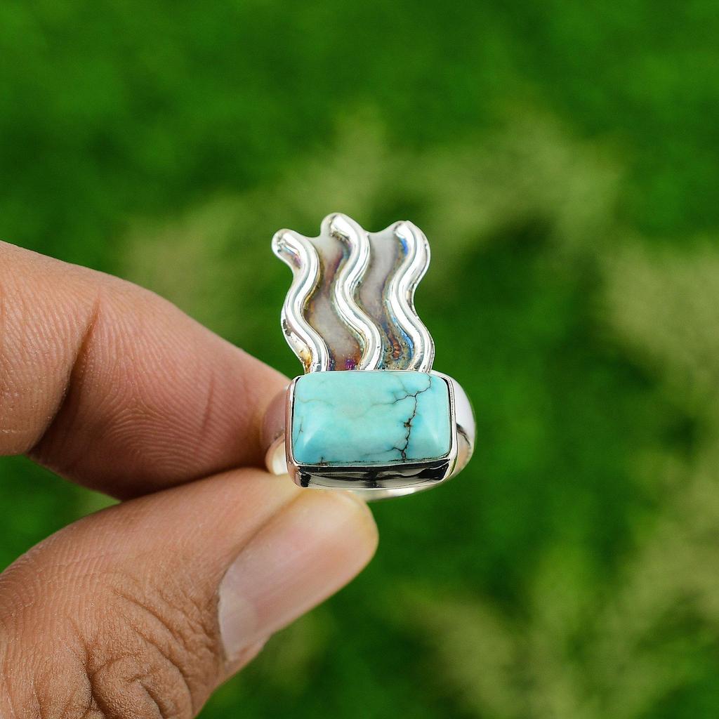 Natural Tibetan Turquoise 925 Silver Multi Stone Ring Size 6.75 For Girls