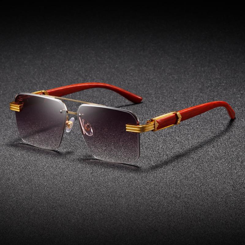Classic Retro Double Beam Wood Grain Glasses Legs Men'S And Women'S Sunglasses High Sense Fashion Trend Street Sunshade Glasses Frameless