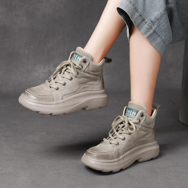 Fashion GKTINOO Genuine Leather High Top Shoes Women Platform Boots Non-slip Cow Leather Ladies Winter Ankle Botas Warm Sneakers