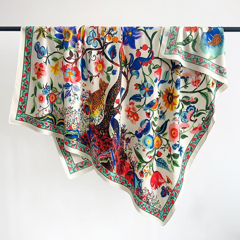 Summer new 130 square scarves fairy tale tree house oil painting printing silk scarf fashion twill travel sunscreen large shawl 130*130