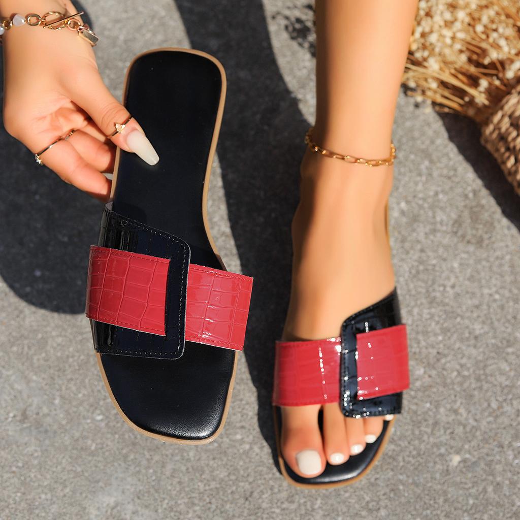 European and American Foreign Trade Large Size Summer New Slippers Casual Fashion One Word Leather Buckle Color Matching Flat Bottom Beach Slippers