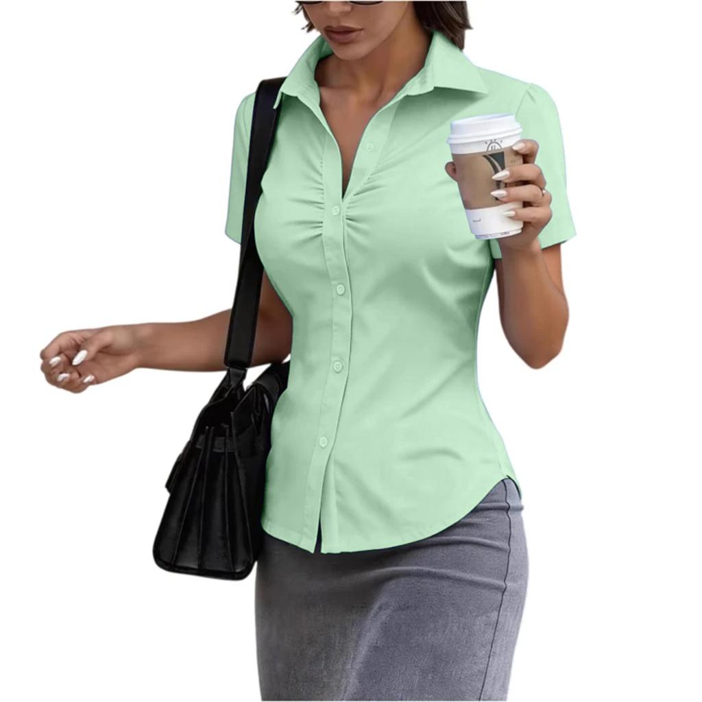 Women's Short Sleeve Button Down Shirt Slim Fit Collared Blouse Office Workwear Casual Top with Ruched Front Design