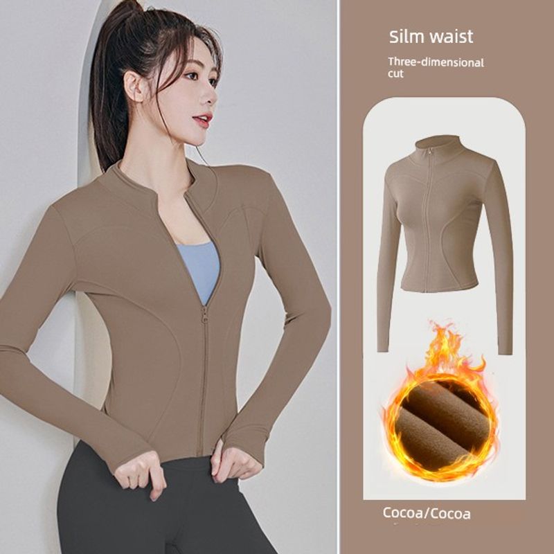 

Yoga Outwear Women s Autumn and Winter Running Sports Cycling Clothing Fleece Zipper Long Sleeve Slim-Fit Top Yoga Clothes Women Cocoa color [hair]] M