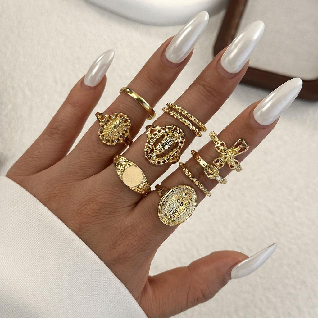 10Pcs/Set Vintage Irregular Textured Ring Set For Women Gold Plated Tiger Eye Sun Cross Geometric Knuckle Join Rings Jewelry