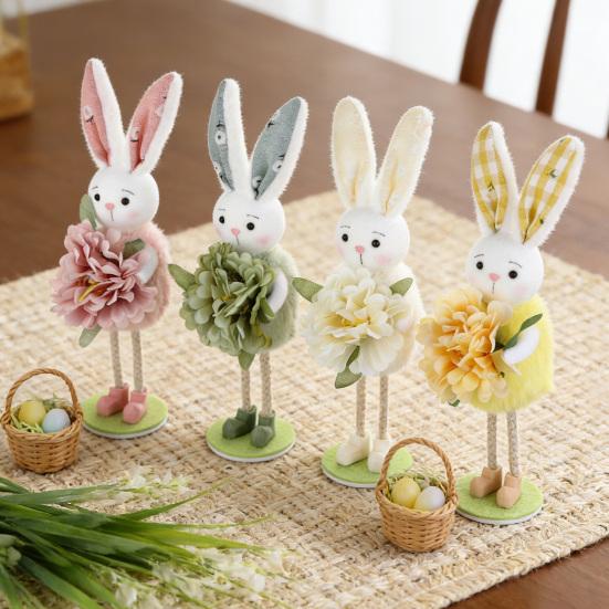Easter Standing Bunny Doll Cute Fabric Rabbit Figurine with Artificial Flower for Spring Home Shelf Table Decor