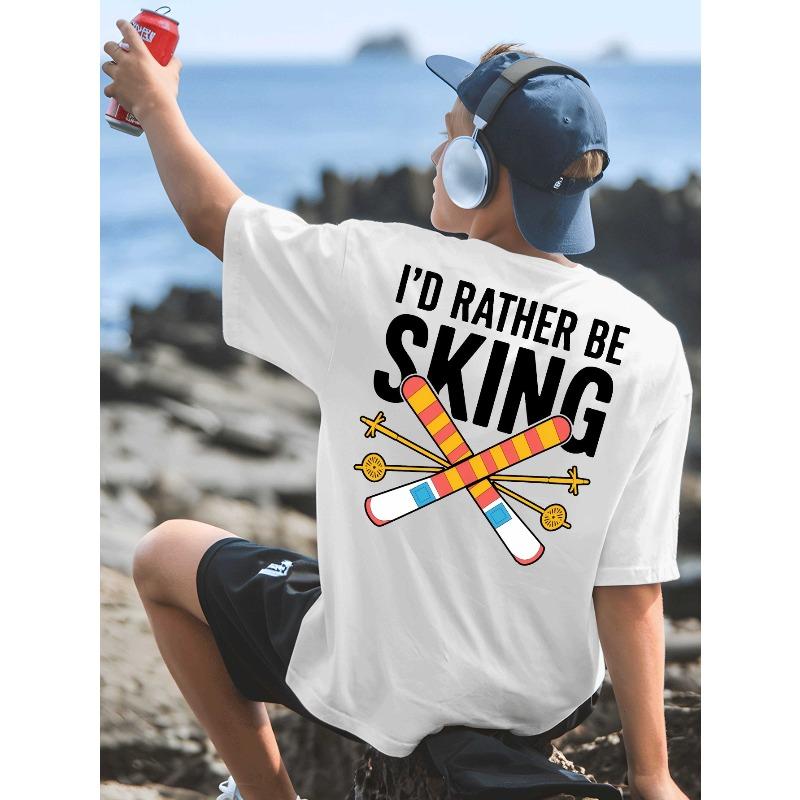 European Size Men'S T-Shirts with a Back Print Saying 'I'D Rather Be Skiing', Perfect for Basketball Practice,Featuring a Round Neck And Short Sleeves