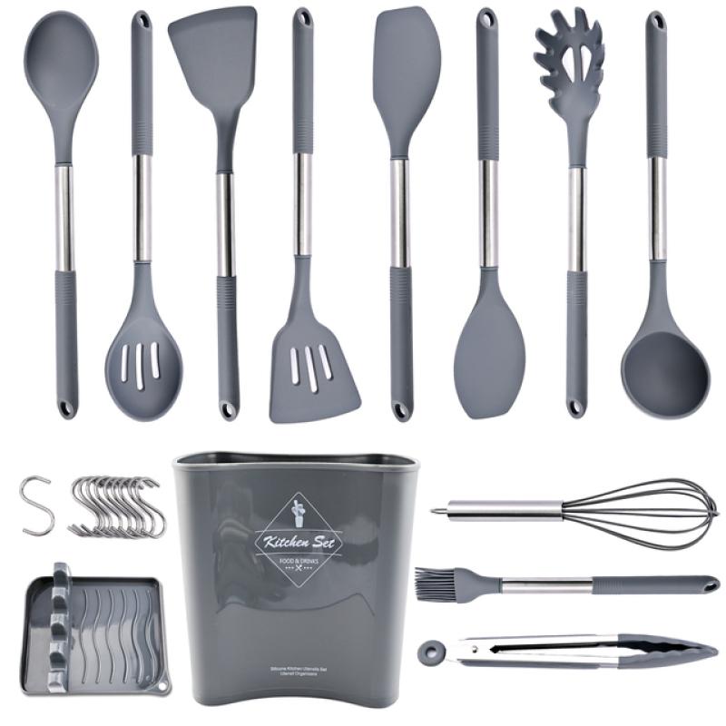 

Новая серая кухонная посуда, силиконовая посуда, кухонные принадлежности с антипригарным покрытием, лопаточка, ковш, венчики для яиц, лопатка, ложка, набор посуды для супа серый