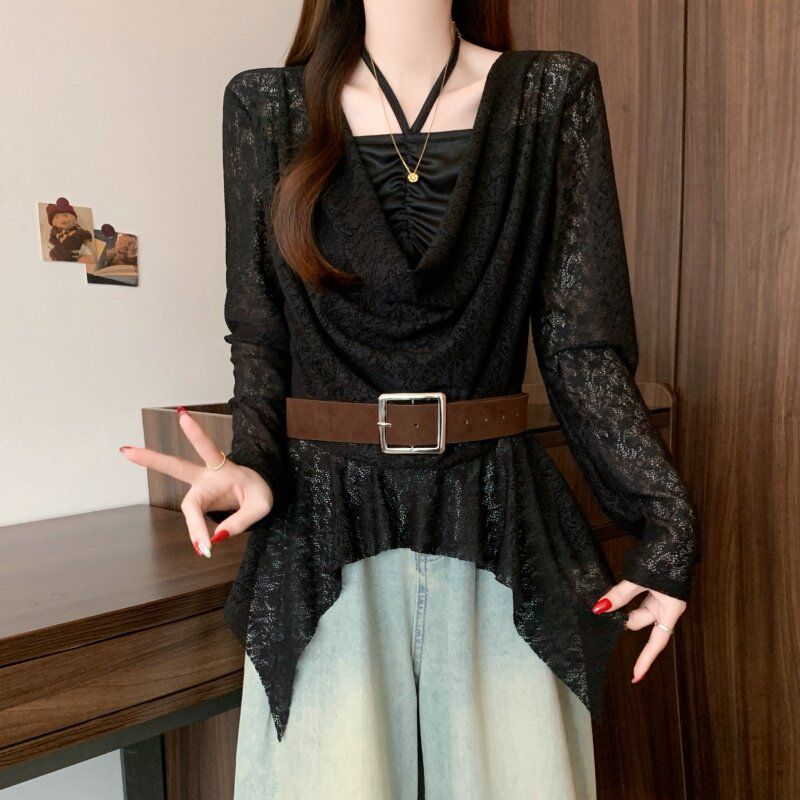 Foreign Trade Plus Size Women s Clothing American Style Spicy Girl Lace Hollow Out Halter Neck T-Shirt Spicy Girl Top European and American Style Black 4XL