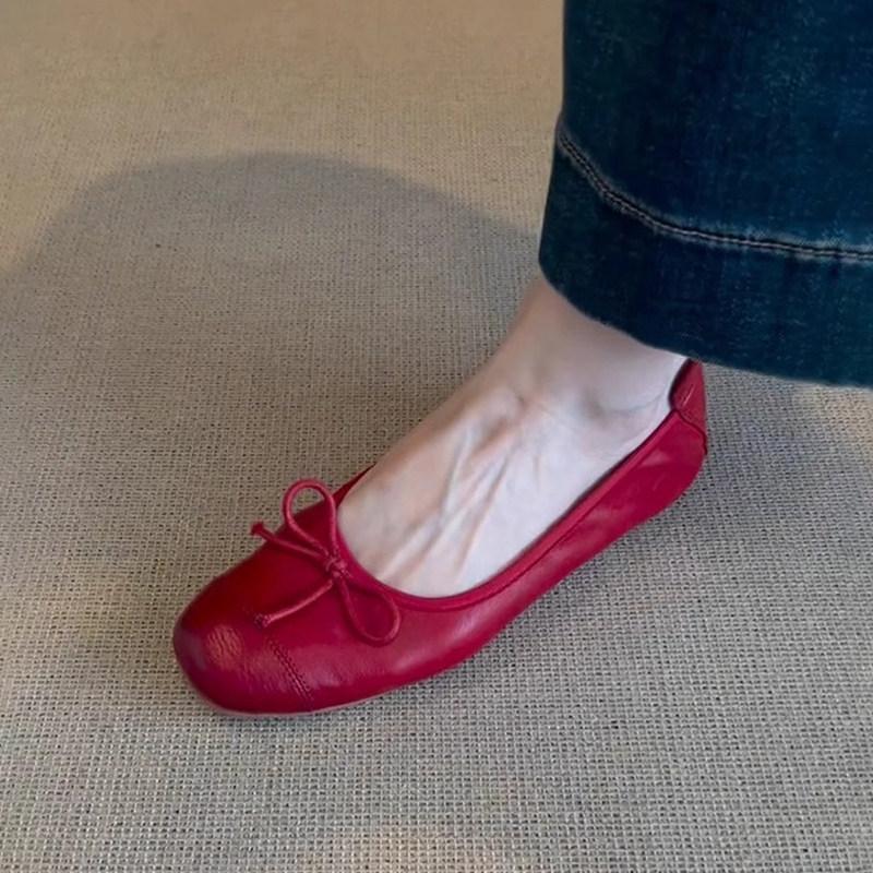 Spring and summer new versatile bow small red shoes women's round head flat sole single shoes soft sole retro temperament evening shoes