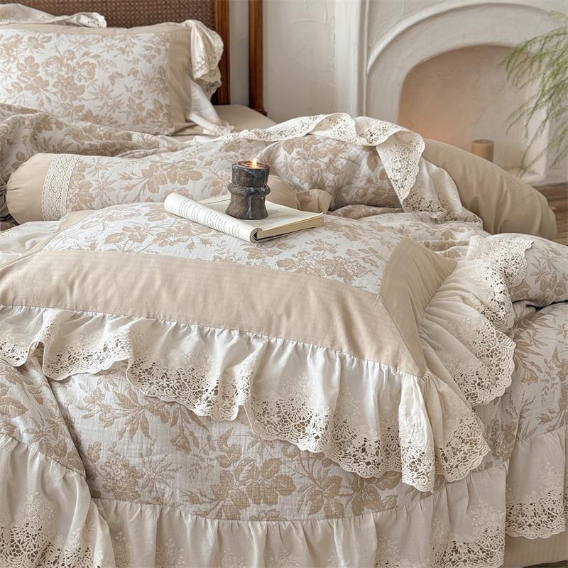 4/5Pcs French Vintage jacquard Lace Ruffles 100% Cotton Double Layer Yarn Bedding Sets Duvet Cover Flat/Fitted Sheet Pillowcases