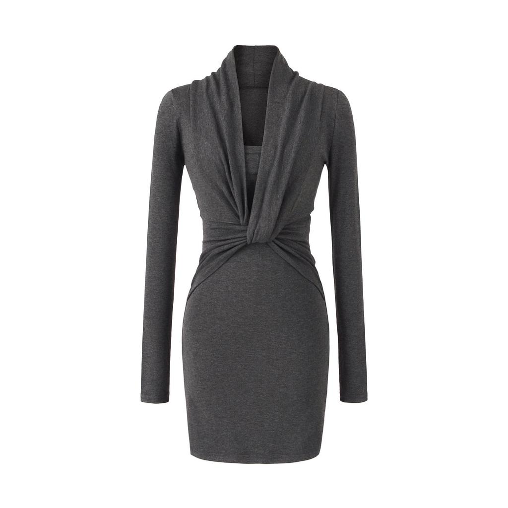 Elegant Women's Black V-Neck Long-Sleeved Slim-Fit Dress, Waist-Cinching and Hip-Hugging, Perfect for Autumn and Winter.