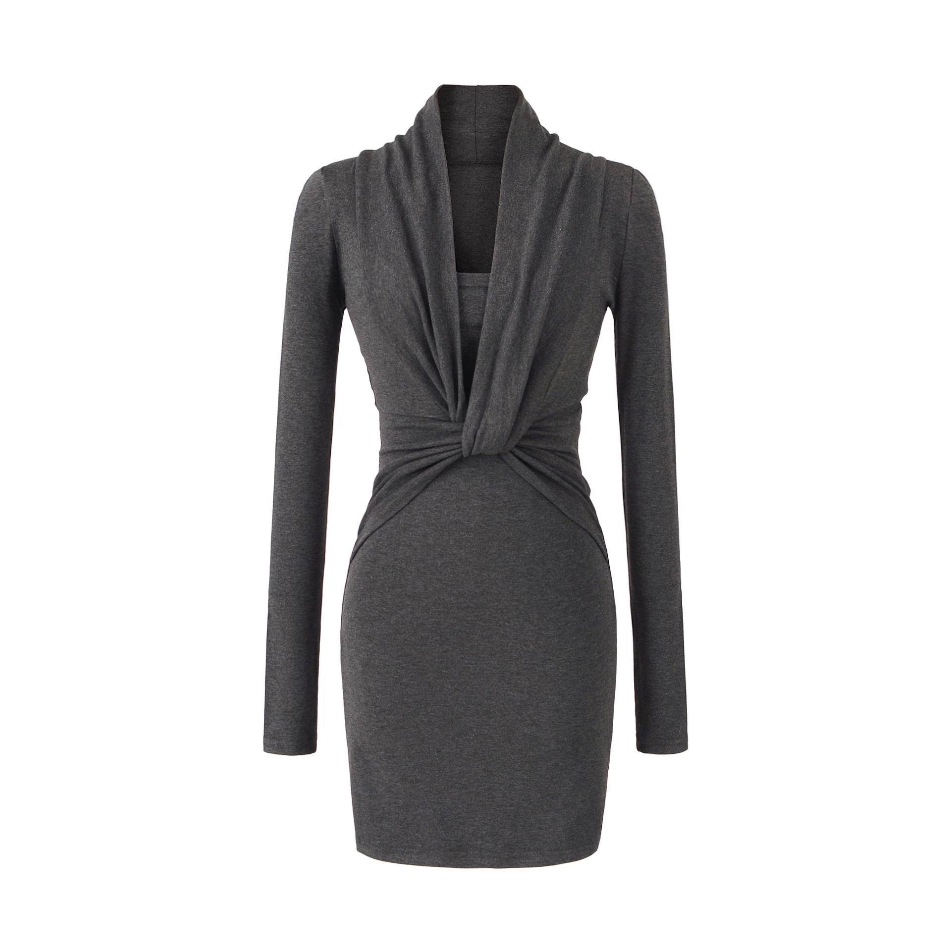 

Elegant Women s Black V-Neck Long-Sleeved Slim-Fit Dress, Waist-Cinching and Hip-Hugging, Perfect for Autumn and Winter. Large