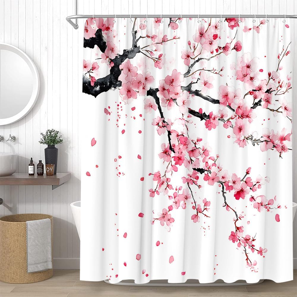 Rosa Kirschblüte Duschvorhang Pflaumenblüten Floral Japanisch Asiatisch Anime Weiß Aquarell Badezimmer Dekor Vorhänge