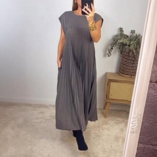 Women's Summer Sleeveless Midi Dress Pleated A Line Casual Crewneck Swing Dress Flowy Long Party Dress