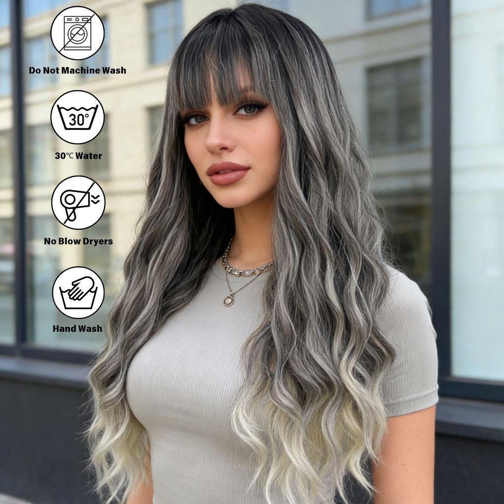 Wavy Long Curly Hair Wig with Bangs - Breathable Natural Look
