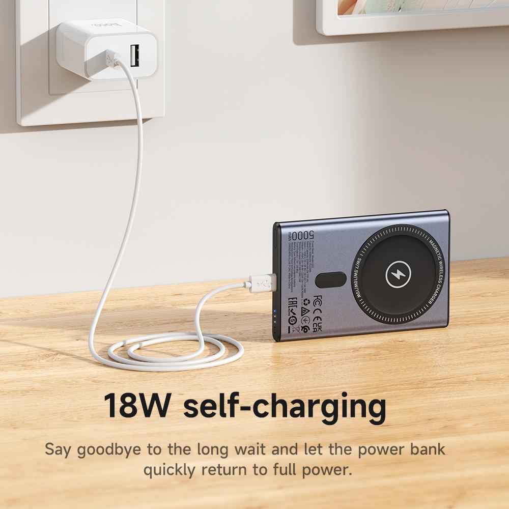 Hoco . Q32 5000mAh 15W Magnetyczny Bezprzewodowy Power Bank z Szybkim Ładowaniem PD20W, Ultracienka Przenośna Ładowarka, 18W samoładowanie