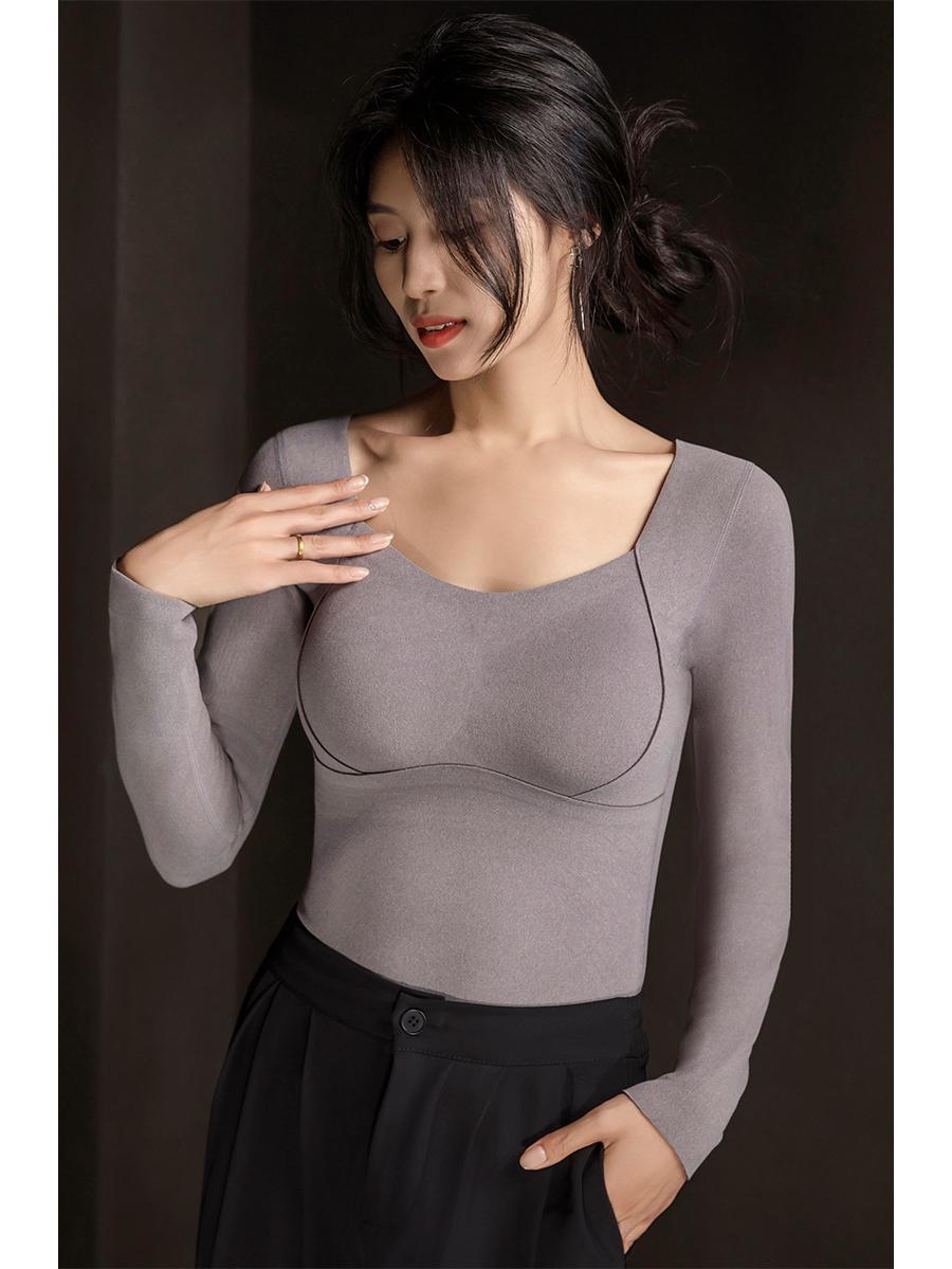 

Утепленная рубашка с длинными рукавами из графена и нагрудной накладкой - бесшовный топ с фиксированной чашкой для женщин (Осень зима) L 100-120