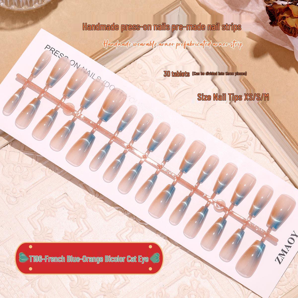 

French Blue & Orange Cat Eye Trapezoid Press-On Nails - Reusable & Removable