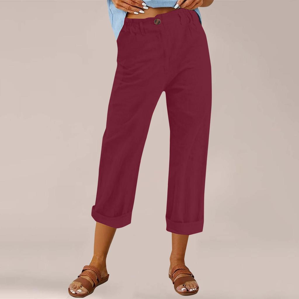 Women's Fashion Cotton-Linen Blend Loose-Fit High-Waisted Casual -Color Straight-Leg Pants