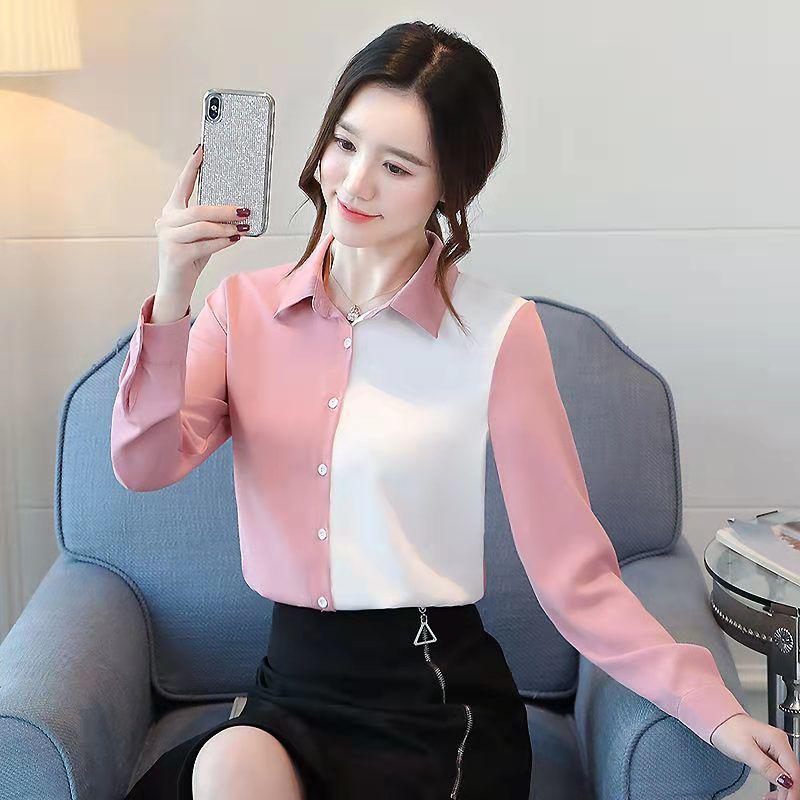 Women's Color Block Long Sleeve Chiffon Blouse - Korean Style, Spring/Autumn Versatile Loose Top