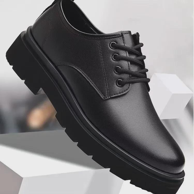 Spring Men's Big Head Business Casual Lace-Up Leather Shoes, Soft Sole, Versatile, Formal, Non-Slip, Black.