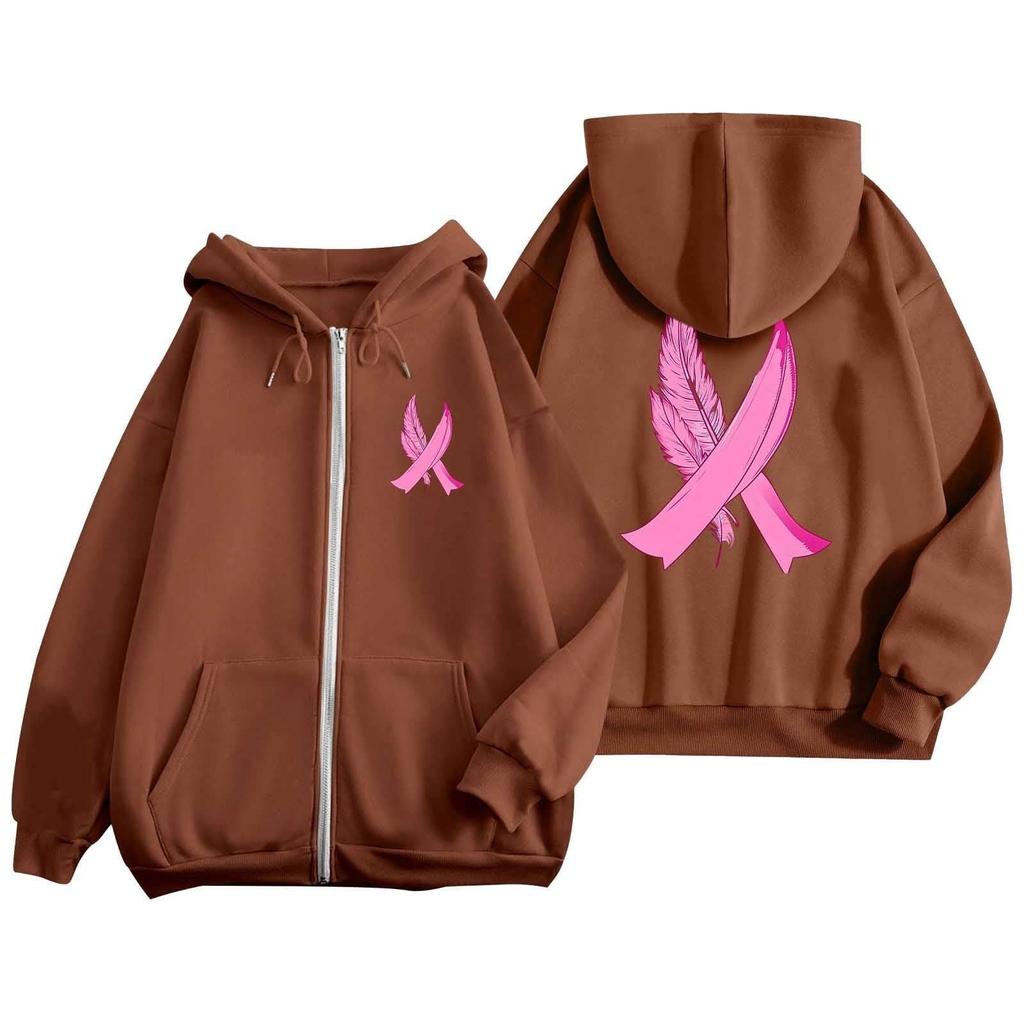 Women's Breast Sweatshirt Ribbon Breast Long Sleeve Hooded Pocket Casual Sweatshirt Jacket