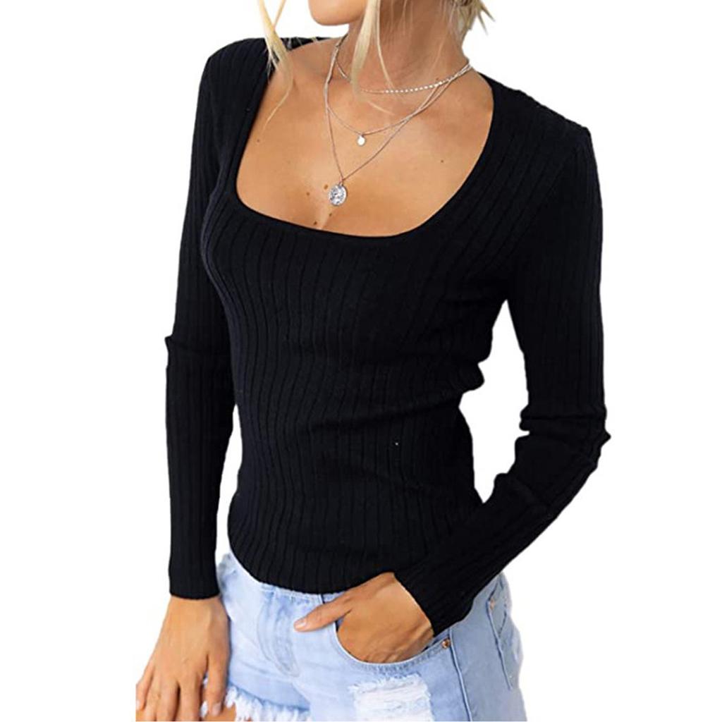 Damenmode, lässig, einfarbig, sexy, schlankes, langärmeliges T-Shirt mit quadratischem Ausschnitt
