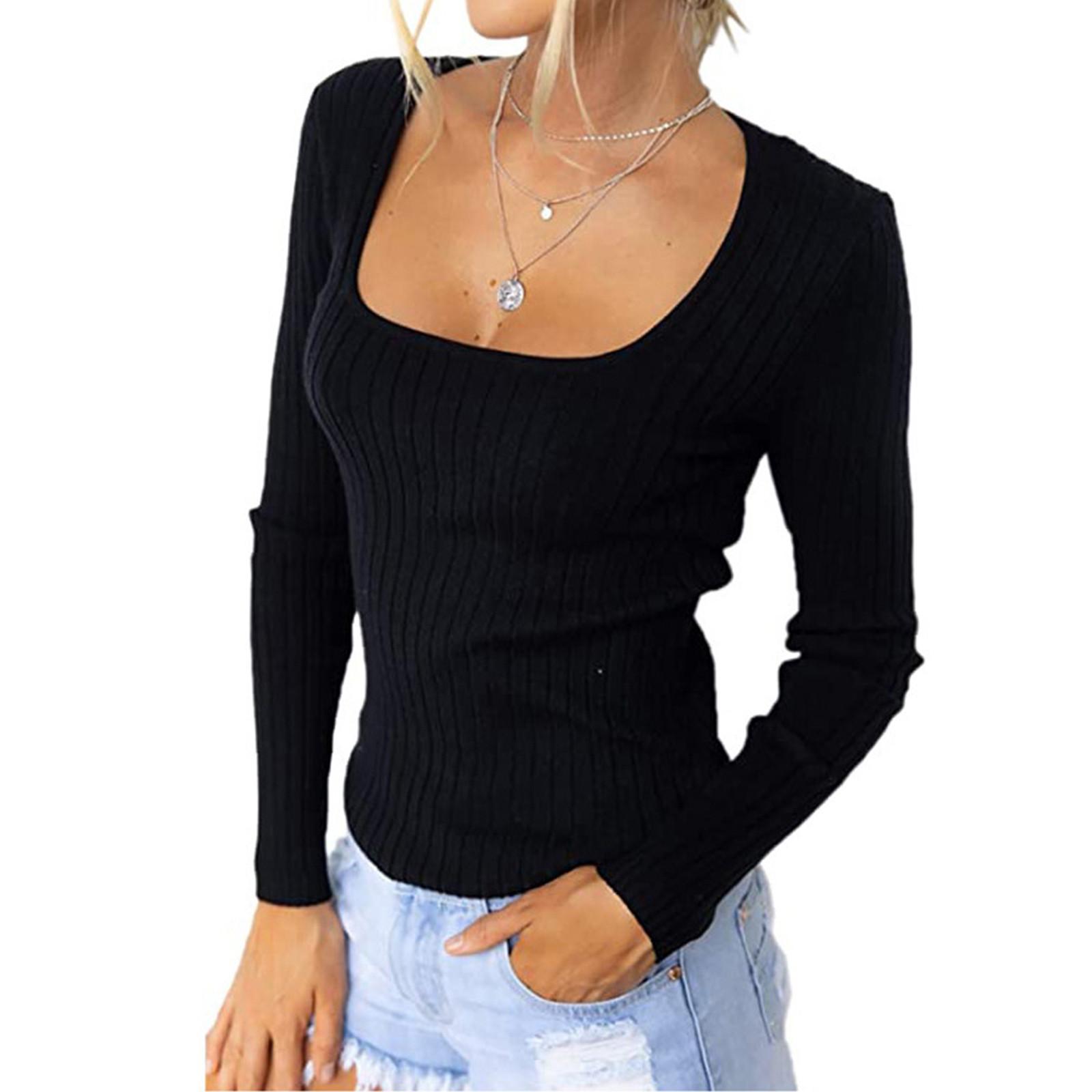 

Женская мода, повседневная однотонная сексуальная тонкая футболка с длинными рукавами и квадратным вырезом, топ L чёрный