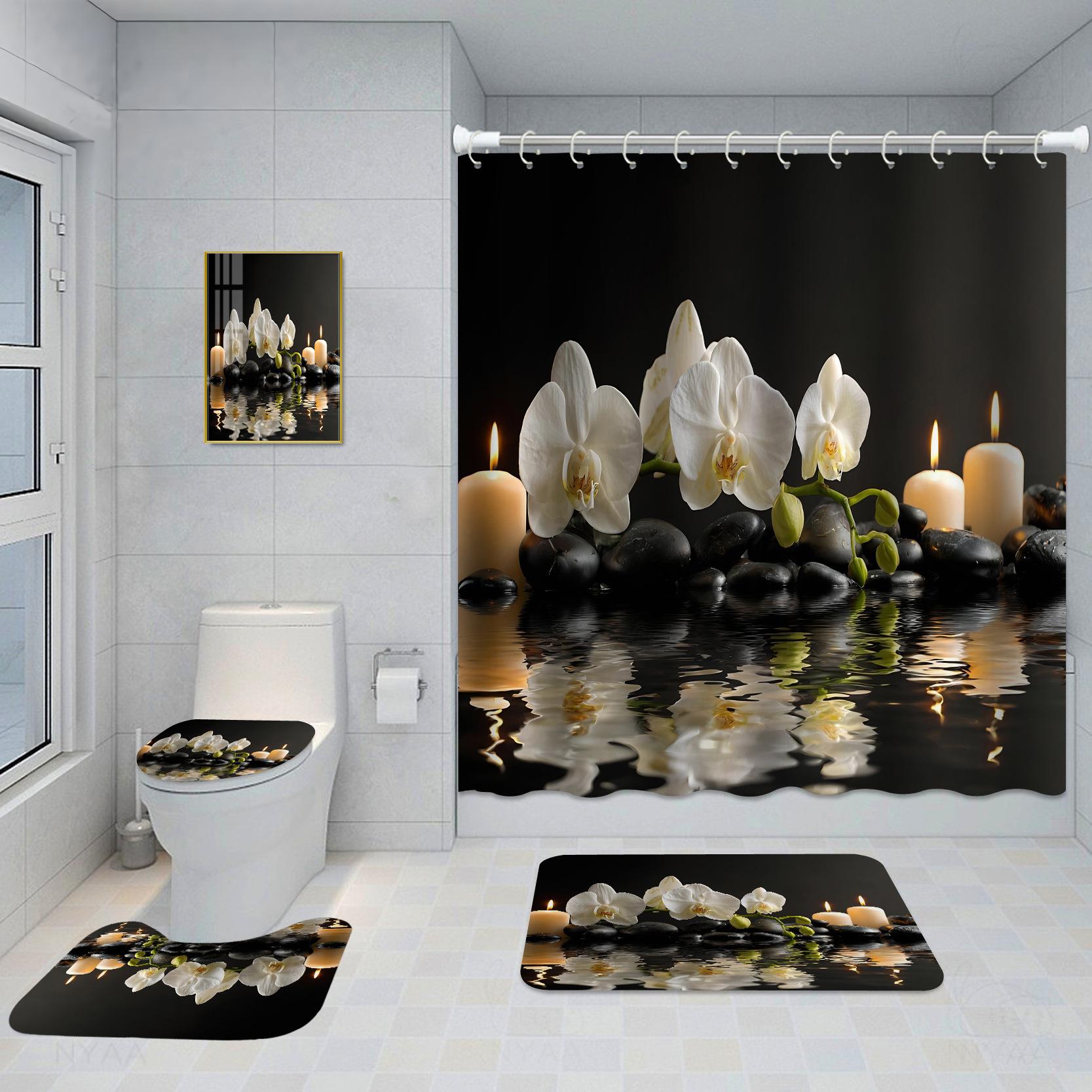 

Набор штор для душа и ковриков в стиле Дзен-камень, спа, бамбуковая свеча, кувшинка, водонепроницаемая ткань, штора для ванной комнаты с 12 крючками, нескользящие коврики, комплект крышки для унитаза 4Pcs