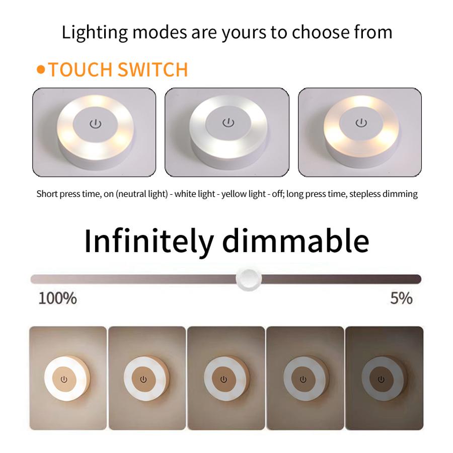 USB Rechargeable LED Night Light with Touch Switch for Living Room Bedroom Decor Kitchen Cabinet Wardrobe Lamp 3 Colors Dimmable