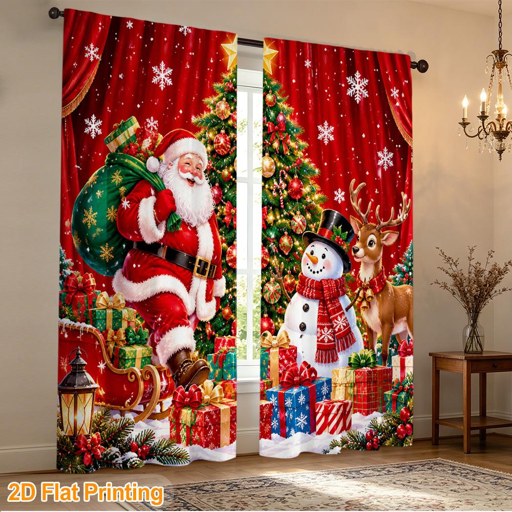 2pcs Rod Pocket Curtain with Santa Christmas Tree Reindeer Gifts Print, Stylish Window Drapes for Home Decor Living Room Bedroom