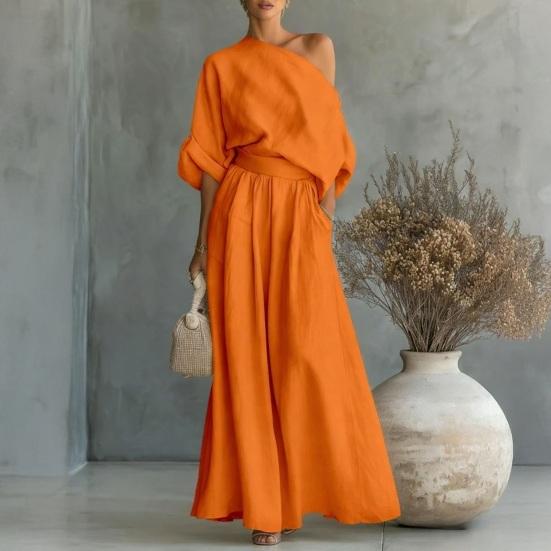 Set da 2 Pezzi Outfit Estivo da Donna Top Scollo a Barca Manica Corta Pantaloni Lunghi a Vita Alta Gamba Larga Oversize Set Tuta da Casa Colore Puro