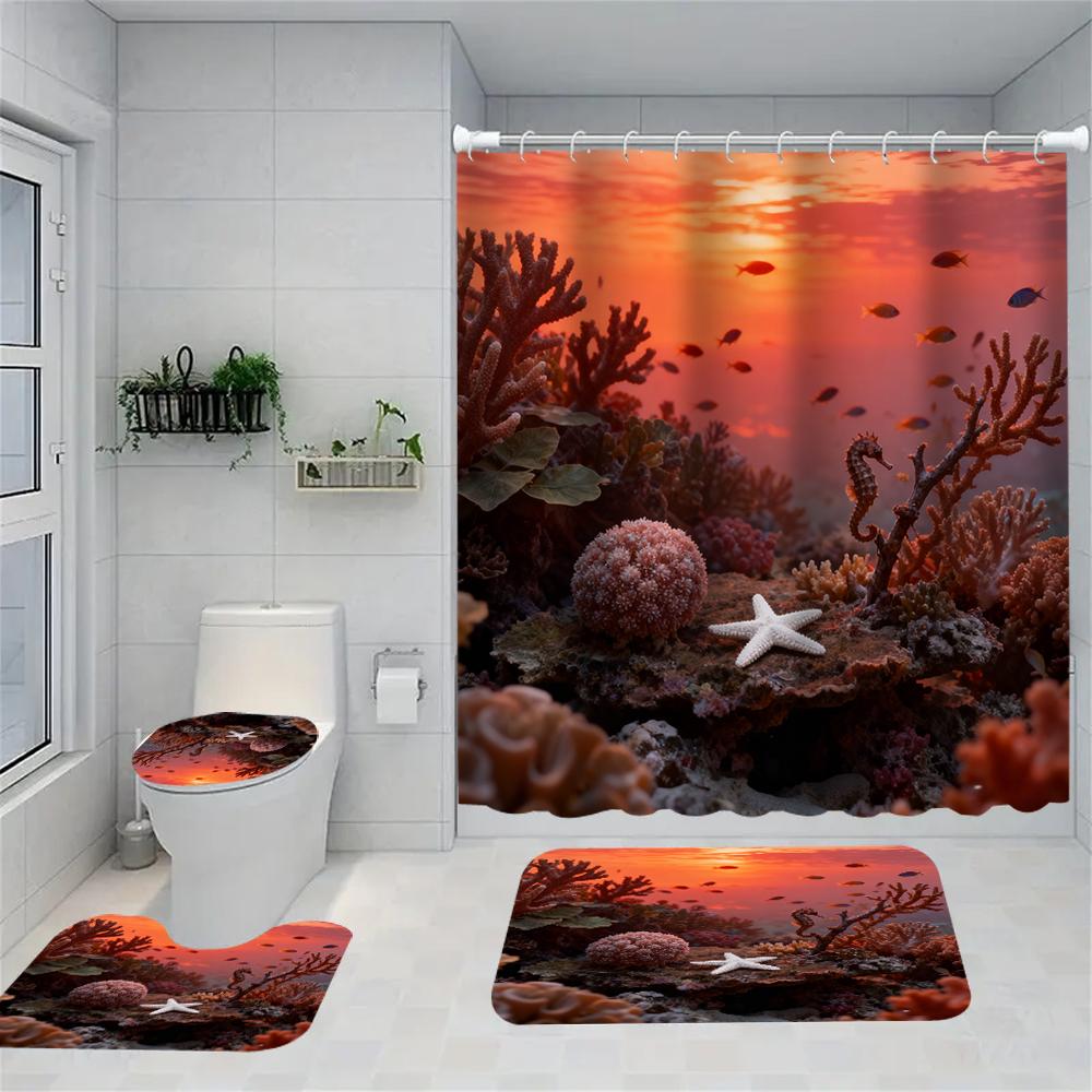 1/4 Marine Organisms Print Shower Curtains, Toilet Seat Decoration, Shower Curtain with Carpet and Toilet Lid, 70.8x70.8 Inch