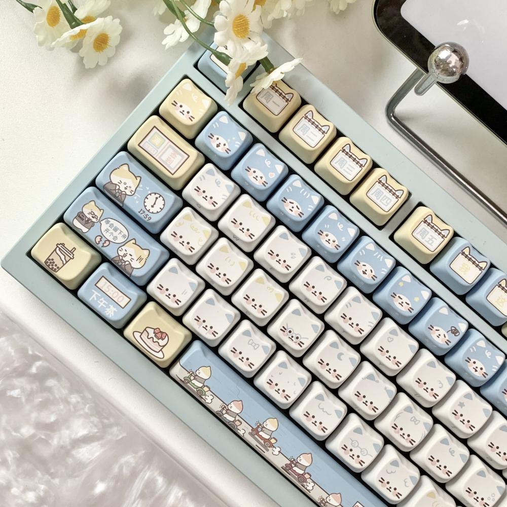142keys Mao Keycap Blue Meow Work Kitten For Mechanical Keyboard PBT Sublimation Mao Cute Meow Cat Keycap Set