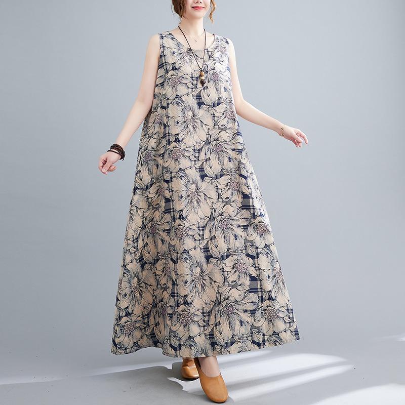 Real shot summer new large size retro literary loose printing sleeveless cotton and linen vest suspender long dress women
